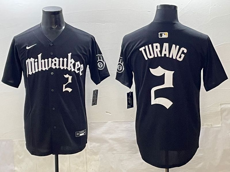 Men 2025 Milwaukee Brewers #2 Turang Black Five generations Joint Name Nike MLB Jersey style 10->milwaukee brewers->MLB Jersey